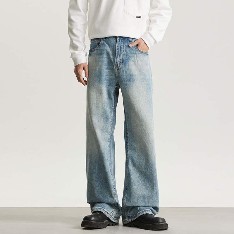 Aganonmem American-Style Spring Vintage Blue Flared Jeans for Daily Commuting, Washed Japanese High Street Vibe Pants