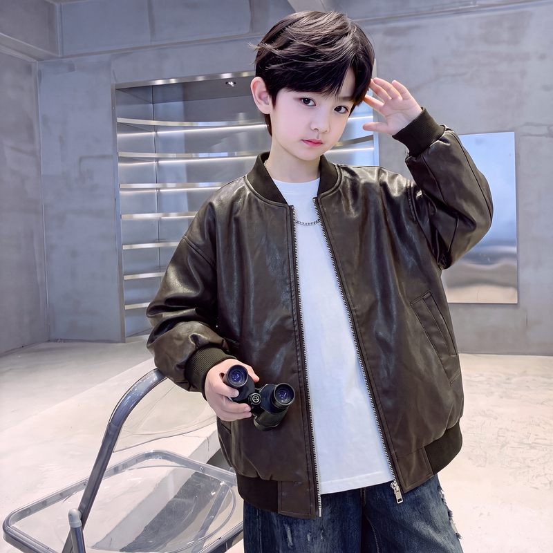 Boys' Baseball Collar Leather Jacket, Spring and Autumn Style, Medium and Large Children's Motorcycle Jacket, Boys' Loose Retro Pilot Top Boys' Baseball Collar Leather Jacket, Spring and Autumn Style, Medium and Large Children's Motorcycle Jacket, Boys' Loose Retro Pilot Top