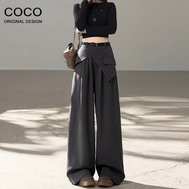 Gray High-Waisted Faux Two-Piece Casual Pants for Women, 2026 New Summer Design, Loose Fit, Slimming Wide-Leg Pants