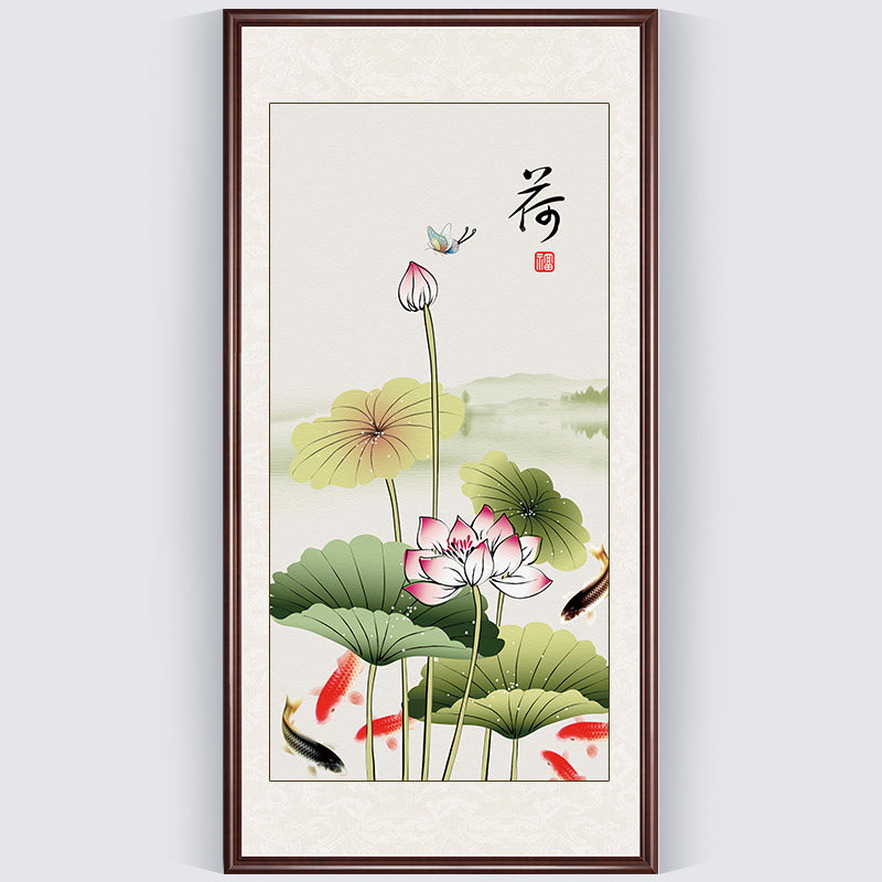 Cross embroidered lotus 2021 new living room home Xuanguan Vertical version full of Chinese Wind Lotus itself embroidered 2022 wire embroidery