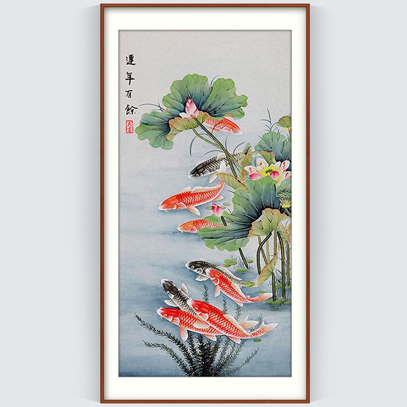 Year year more than cross embroidered 2022 new embroidered living room vertical version lotus 2021-9 fish Tuxuan herself embroidered