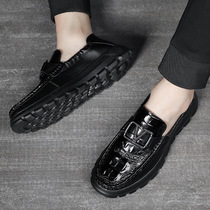 Bean Shoes Mens Wave Shoes New Casual Leather Shoes Han Prints 100 Hitch Shoes Black Set Foot Mens Shoes E01-A Batch