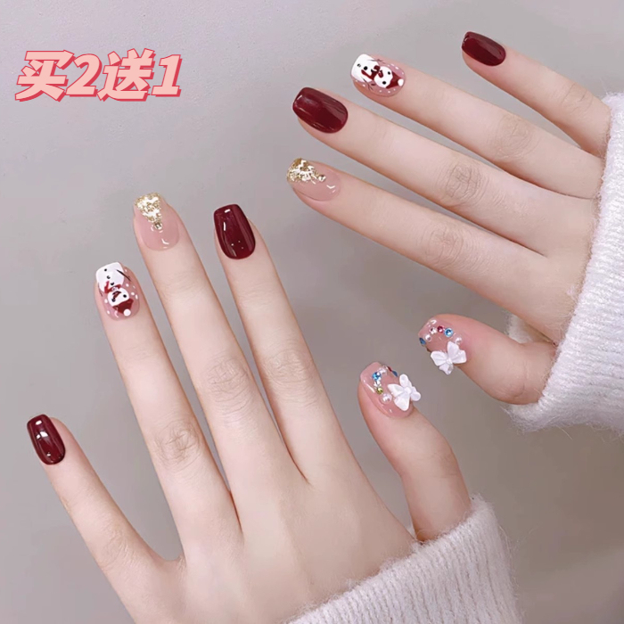 Wearable Short-Style Burgundy Nail Patches That Make Your Skin Look Fairer, Cute Christmas Snowman Bow Nail Stickers, Finished Manicure, Removable Wearable Short-Style Burgundy Nail Patches That Make Your Skin Look Fairer, Cute Christmas Snowman Bow Nail Stickers, Finished Manicure, Removable