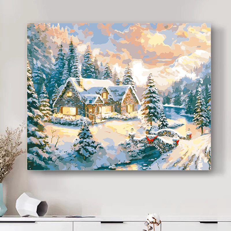 画画填色diy数字油画圣诞节雪景雪人冬天风景解压手绘装饰油彩画-淘宝网