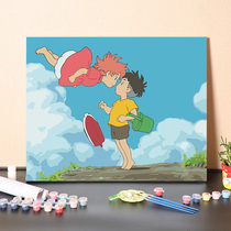 Digital oil painting diy filling Hayao Miyazaki animation blue sky white cloud decompression relief boring hand painting color painting oil color painting