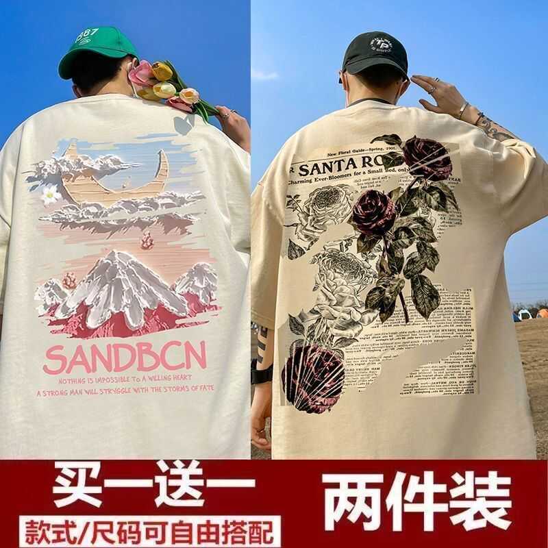 2024 New Summer American Style ins Loose Plus-Size Trendy Rose Flower Short-Sleeve T-Shirt with Five-Quarter Sleeves