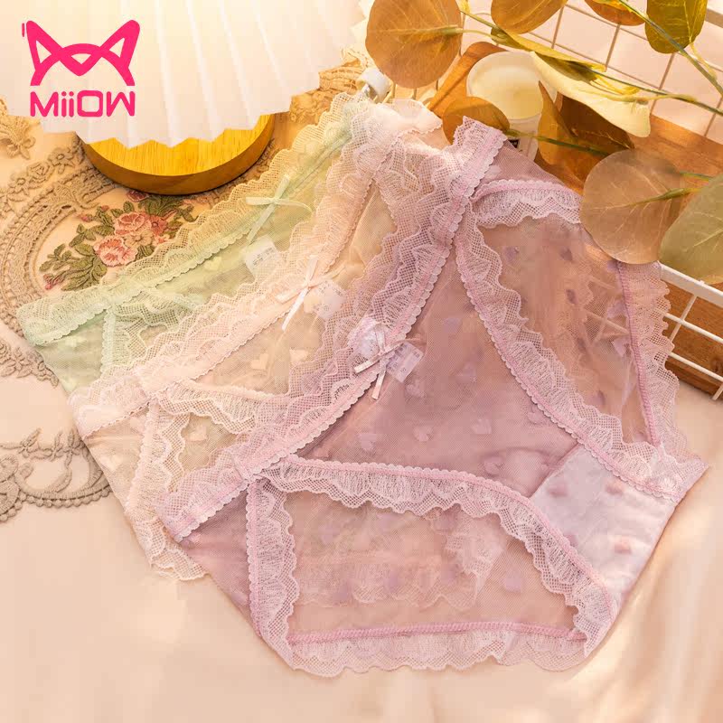 Cat people lace panties women's pure cotton crotch sexy ultra-thin breathable mid-waist ladies sexy triangle shorts summer thin section