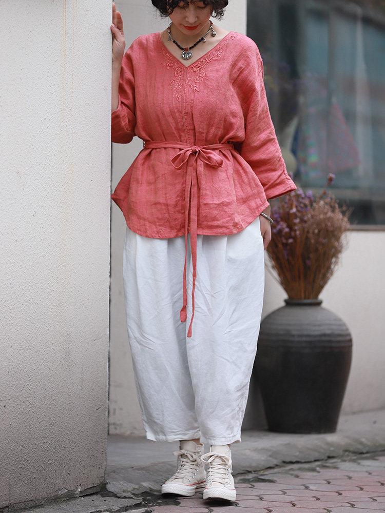 2021 springtime retro national wind bat sleeves linen small shirt loose handmade embroidered pure color blouses woman