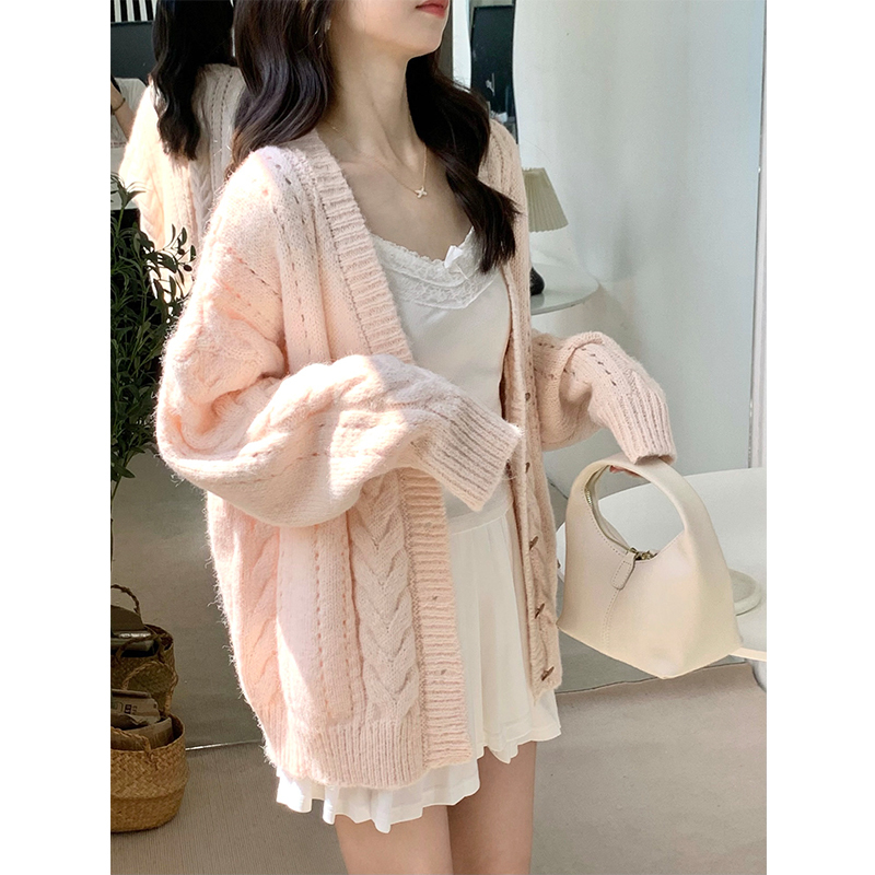 Gentle Pink V-Neck Cable Knit Cardigan for Women, Autumn and Winter Korean Style, Loose, Lazy, Soft and Thick Knit Top