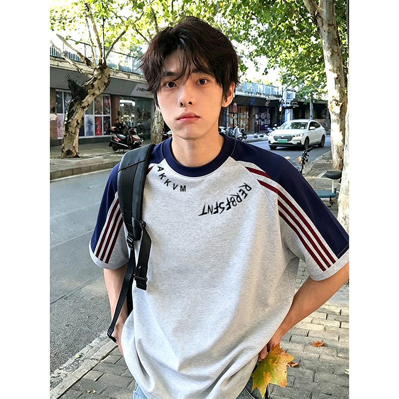 American High Street Style Striped Color-Block Heavyweight Pure Cotton Short-Sleeve T-Shirt for Men, Summer Loose Fit, Cool and Stylish, Regular Shoulder Half-Sleeve