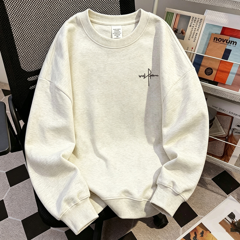 American-Style Trendy Retro High-End Simple Casual Heavyweight Crewneck Sweatshirt for Men, Autumn and Winter, Fleece-Lined, Loose Fit, Versatile, Cool and Stylish