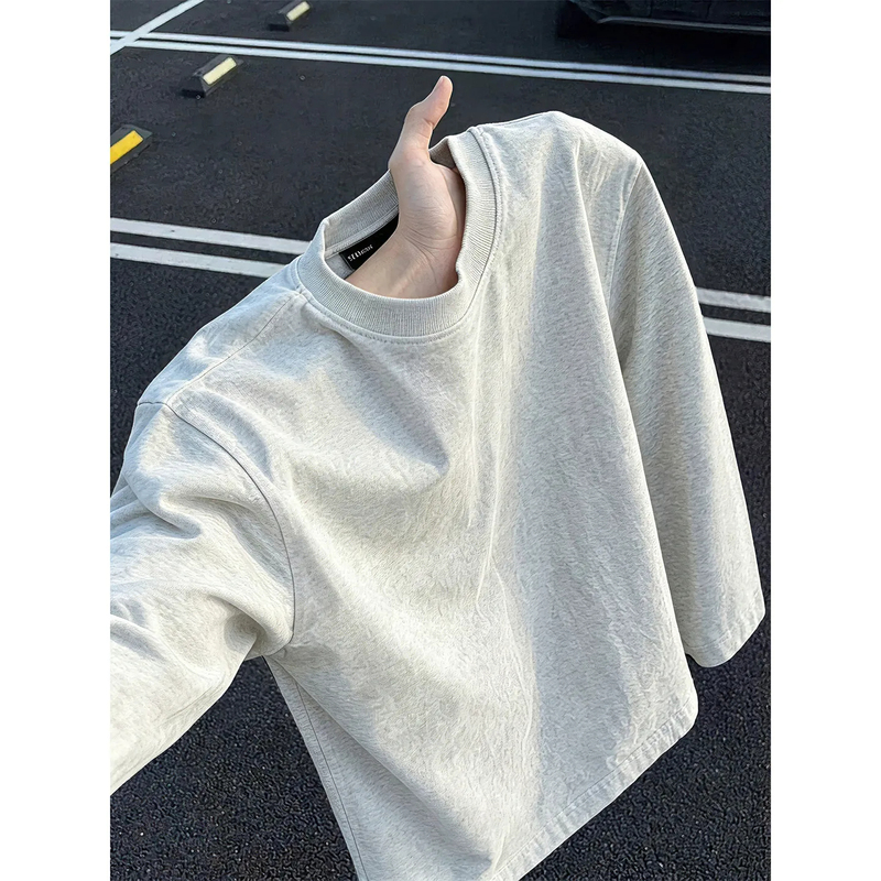 American Retro White-Gray Solid Color Versatile Heavyweight Pure Cotton Long-Sleeve T-Shirt for Men, Autumn and Winter, Loose and Cool ins Base Shirt American Retro White-Gray Solid Color Versatile Heavyweight Pure Cotton Long-Sleeve T-Shirt for Men, Autumn and Winter, Loose and Cool ins Base Shirt