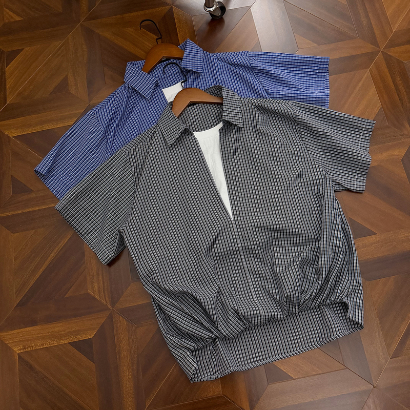 Curpopp Design Fake Two-Piece Plaid Shirt Short-Sleeved Men's Summer Workwear Cleanfit Simple V-Front Top