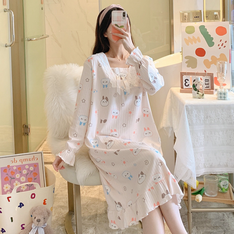 Nightgown for Women in Spring and Autum, Pure Cotton Long-Sleeved Princess Style Cute Student Pajamas, Home Clothes, Loose Maternity Dress