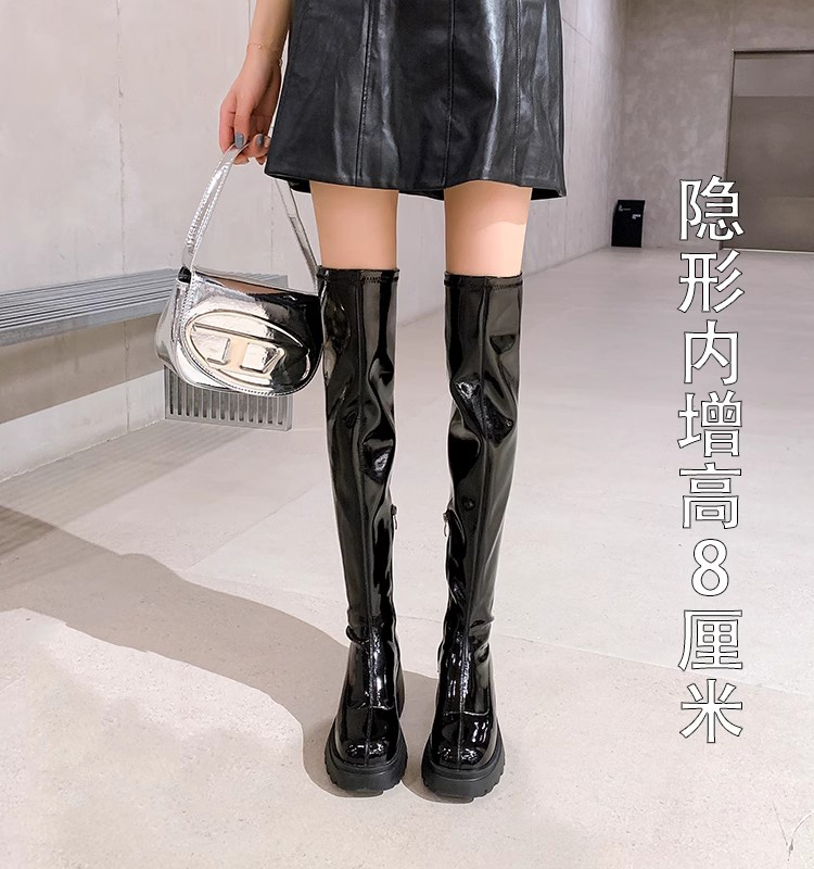 Square-Toe Over-The-Knee Boots for Women 2025 Autumn and Winter Boots Thick-Soled Inner Height-Increasing Elastic Black Patent Leather High Boots Long Boots for Women