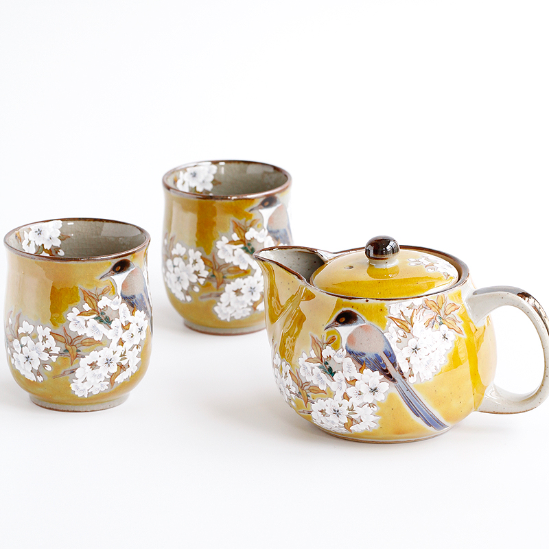 Spot Japan Imports Nine Valleys Burn Day Style Ceramic Retro Cherry Blossom Bird Kongfu Tea Pot to Cup Tea Cup Gift Box