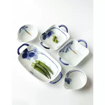 Japanese original imported Arita Saki Pozu hand-painted blue blue and white binaural small Bowl long plate with bracelet plate