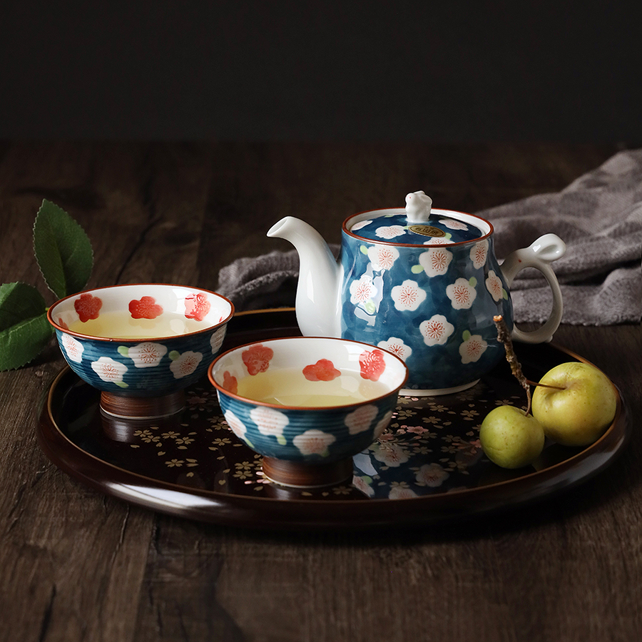 Japan imported Arita-yaki retro blue Japanese-style plum bunny teapot teacup teacup tea set gift box