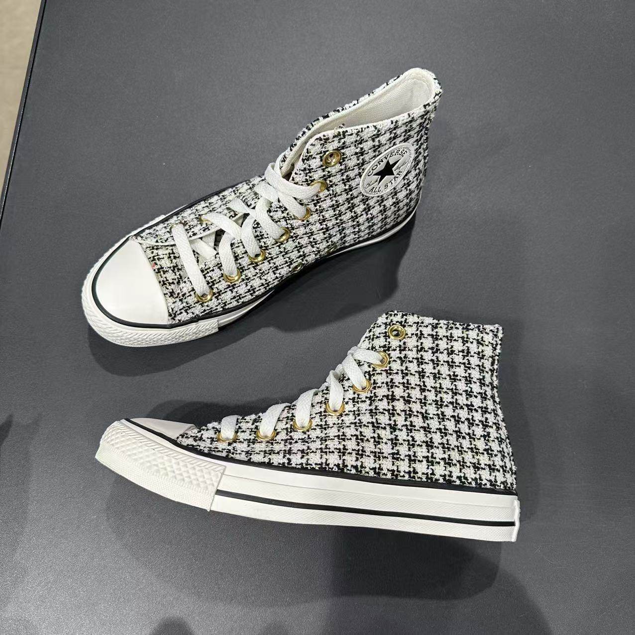 匡威A12498C千鸟格刺绣高帮鞋，穿出复古学院风！姐妹们，这波安利别错过！🌟_帆布鞋_淘宝服装网, image size:1276x1276