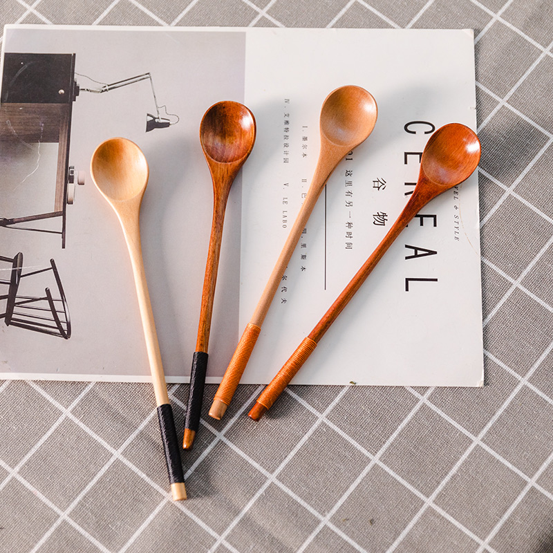 Simple coffee spoon household long handle stirring spoon wooden milk tea spoon retro coffee stirring Japanese small spoon