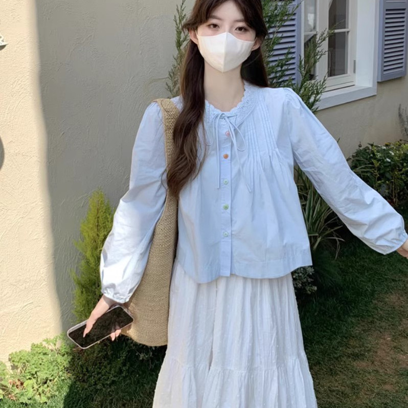 Round Neck Lace Patchwork Tie Long-Sleeve Shirt for Women, Spring 2025 New Style, Gentle Style with Pleated Colorful Buttons Top