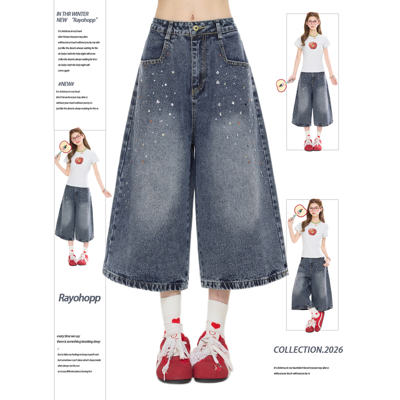 Rayohopp American Street Style Star Rhinestone Washed Denim Wide-Leg Pants for Women, Summer Loose Versatile Cropped Pants Trendy