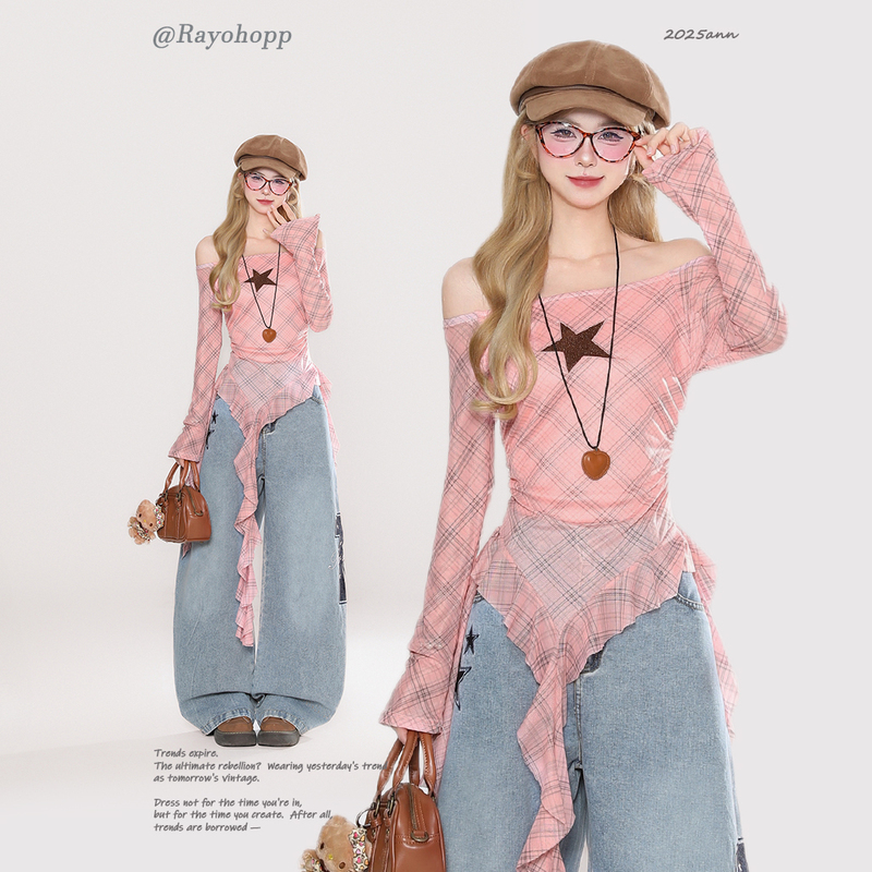 Rayohopp American Retro One-Shoulder Long-Sleeve T-Shirt for Women, Hot Girl Outfit, Pink Top, Concert Clothes, Trendy