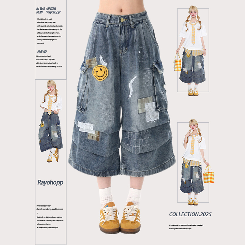 Rayohopp American-Style Playful Embroidered Patch Design Denim Shorts for Women, New Summer Loose Casual Capri Pants Rayohopp American-Style Playful Embroidered Patch Design Denim Shorts for Women, New Summer Loose Casual Capri Pants