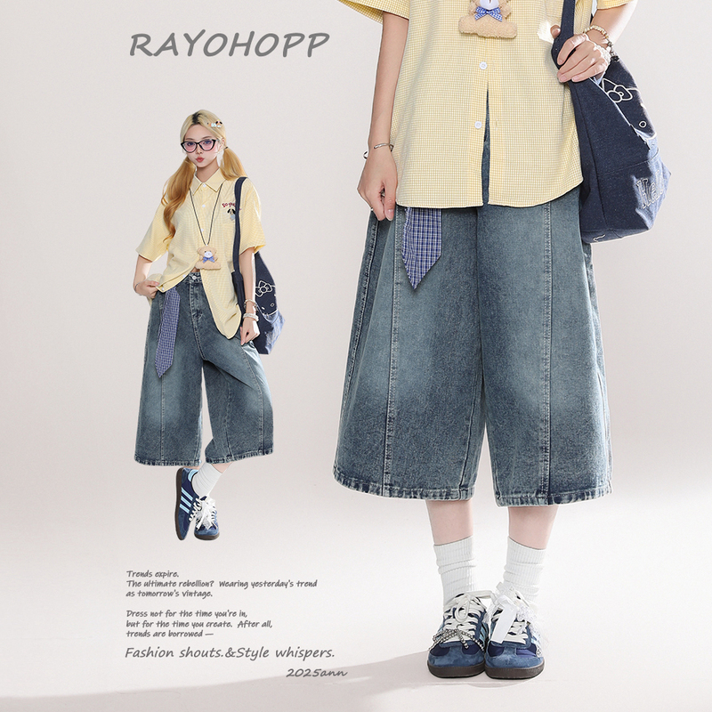 Rayohopp American Retro Lace-Up Washed Denim Pants for Women, New Summer Style, Loose Wide-Leg Cropped Pants, Trendy