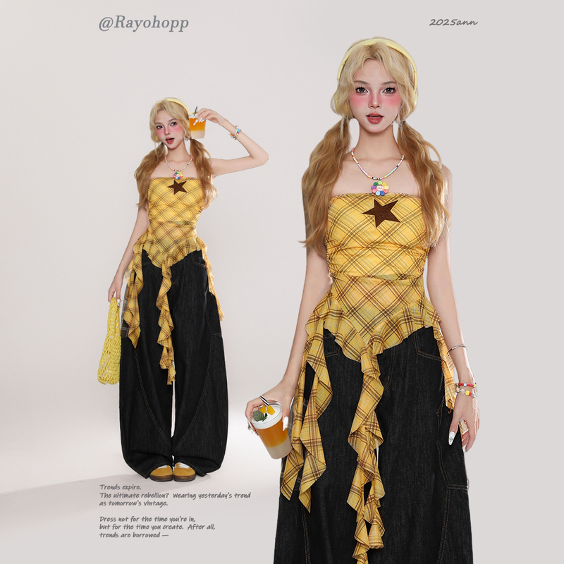 Rayohopp Star Plaid Tube Top Women's Summer New American Style Hot Girl Yellow Top Music Festival Outfit Rayohopp Star Plaid Tube Top Women's Summer New American Style Hot Girl Yellow Top Music Festival Outfit