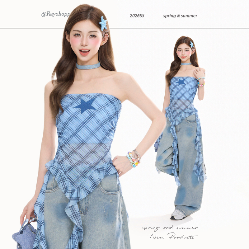 Rayohopp Embroidered Plaid Asymmetrical Tube Top for Women, Slim Fit Trendy Top for Concert Outfits Rayohopp Embroidered Plaid Asymmetrical Tube Top for Women, Slim Fit Trendy Top for Concert Outfits