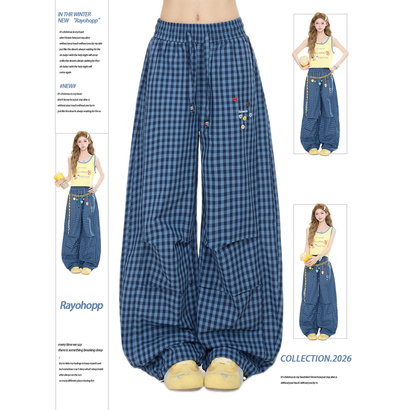 Rayohopp Scimitar Blue Plaid Casual Pants for Women 2026 New Wide-Leg Lazy Versatile Slimming Straight-Leg Trousers