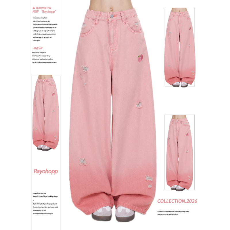 Rayohopp Gradient Distressed Ripped Washed Jeans for Women, Loose Fit, Slimming, Versatile, Wide-Leg, Drapey Pink Long Pants Rayohopp Gradient Distressed Ripped Washed Jeans for Women, Loose Fit, Slimming, Versatile, Wide-Leg, Drapey Pink Long Pants