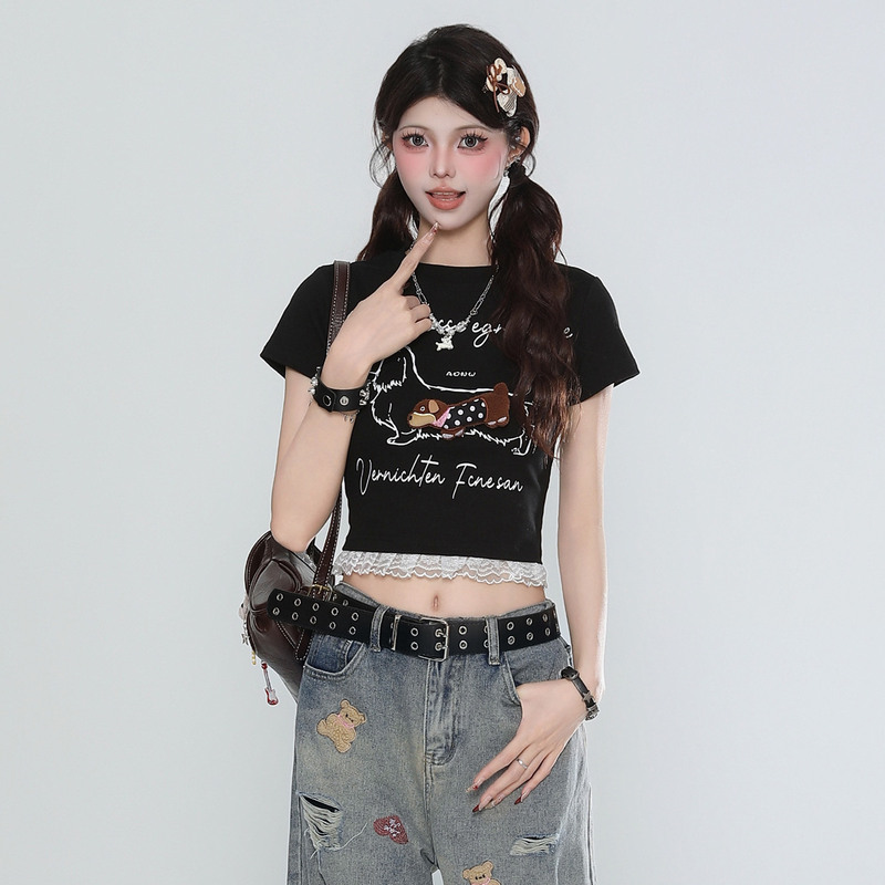 Rayohopp Short-Sleeved T-Shirt for Women, New Summer Style, American Lace Splicing, Three-Dimensional Puppy Decoration, Slim-Fitting Top, Trendy