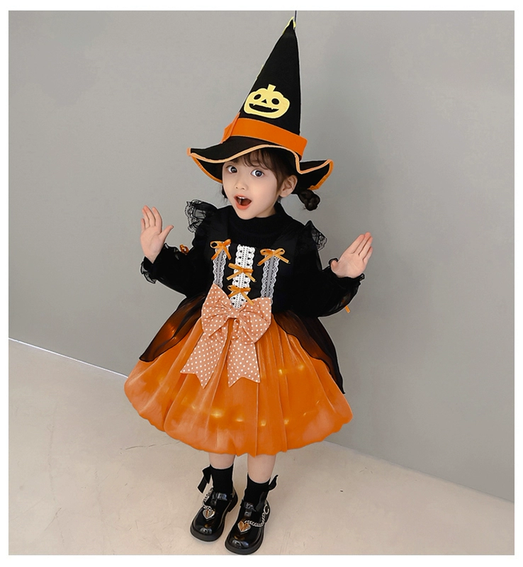 Bé gái Halloween cosplay phù thủy bí ngô váy trẻ em ăn mặc trang phục dành cho trẻ em và trẻ em trung niên dạ quang váy đèn lồng