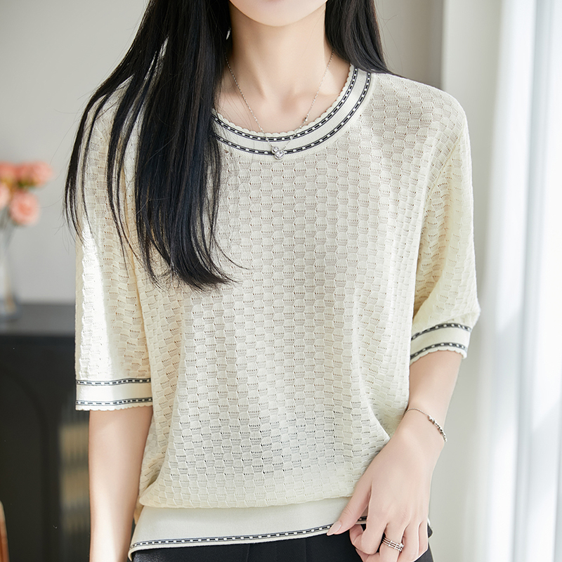 Summer New Style Knitted Sweater for Women, Short-Sleeved, Round-Neck, Pullover, Base Layer Top, Lyocell Tencel, Color-Blocked, Thin, Half-Sleeved