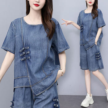 Summer plus size women's denim casual suit women's 2026 new loose washed cotton pants five-quarter pants national style two-pieces set