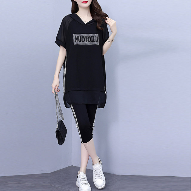 Loose slim T-shirt cropped pants casual sports two-piece set 2024 summer new fat mm western style suit for women ins