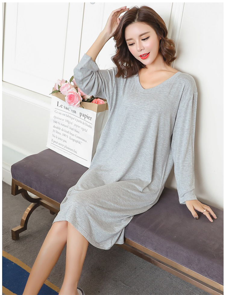Bộ đồ ngủ mùa xuân và mùa thu của phụ nữ váy dài tay cotton cổ chữ V phiên bản Hàn Quốc XL ra ngoài mặc trang phục nhà mùa thu đông váy xuông
