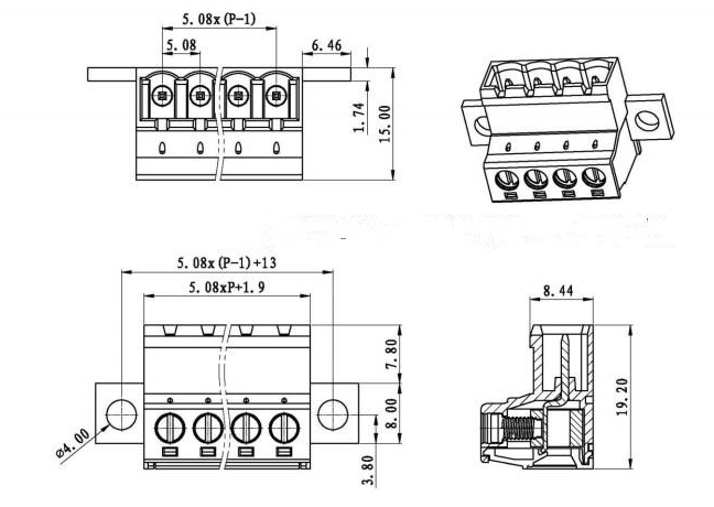 Description Picture 2 of item10sets Solder-free butt strap fixed K2EDGRKC-5.08MM-2p3p4p5p6p7p8p9p10p-24P Pitch 5.08MM Butt-terminal block