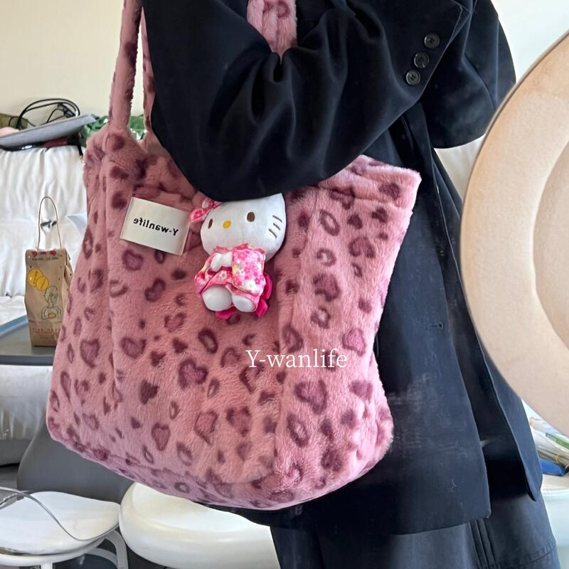 Pink Naughty Leopard Autumn and Winter New Soft Plush Handbag Women's Commuter Bag Large Capacity Tote Bag