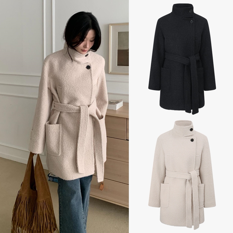 Super Value Original Korean It Brand Single-Breasted High-Neck Loose Bouclé Wool Coat ins Korean Style Belt Slimming Mid-Length Coat