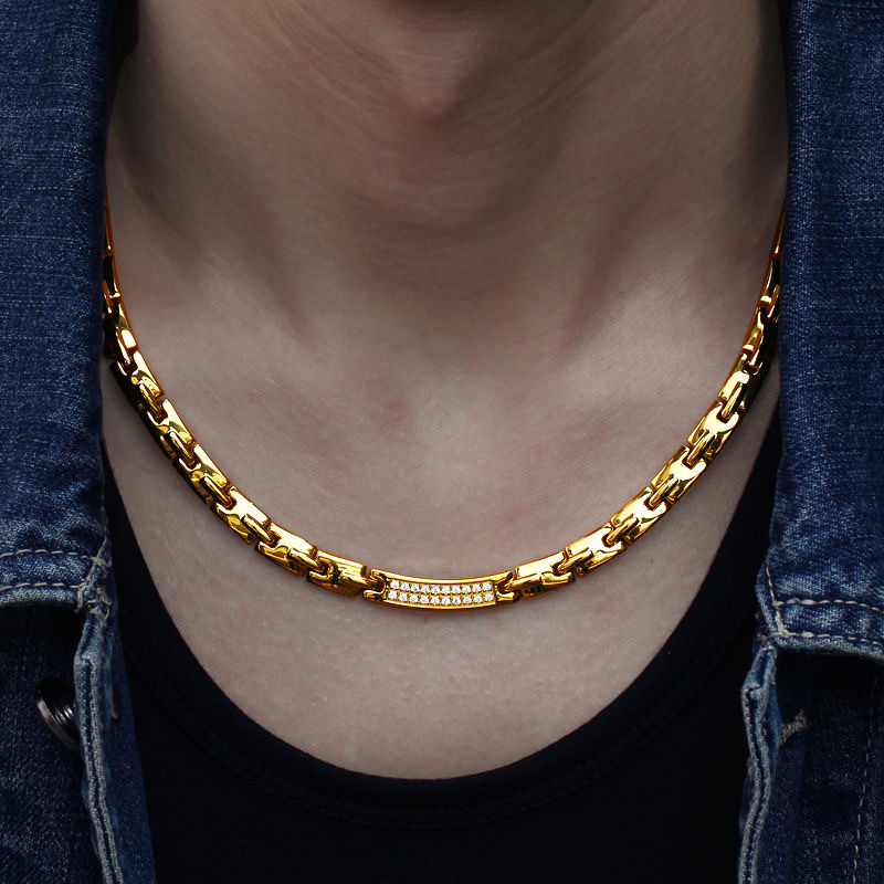 Sleep Aid and Neck Protection Necklace for Men, Magnetic Germanium Stone, Anti-Radiation, Light Luxury, Niche Titanium Steel Energy, Simple Diamond-Encrusted Choker