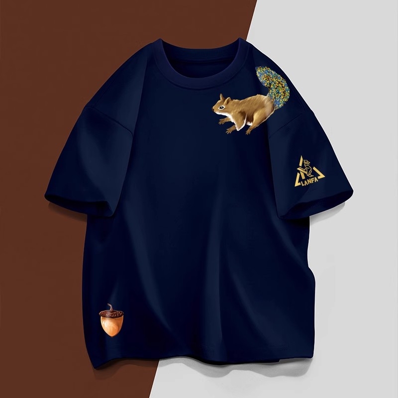 Marolio~Exported to France! Short-Sleeved T-Shirt for Men with Squirrel Print, Thin Trendy Brand, Round Neck, Half-Sleeve, Summer