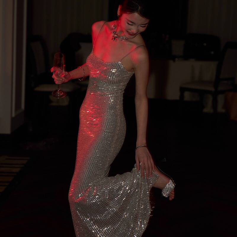 Journeyj Silver Glitter Evening Dress Sexy Backless Dress Long Dress Christmas Party