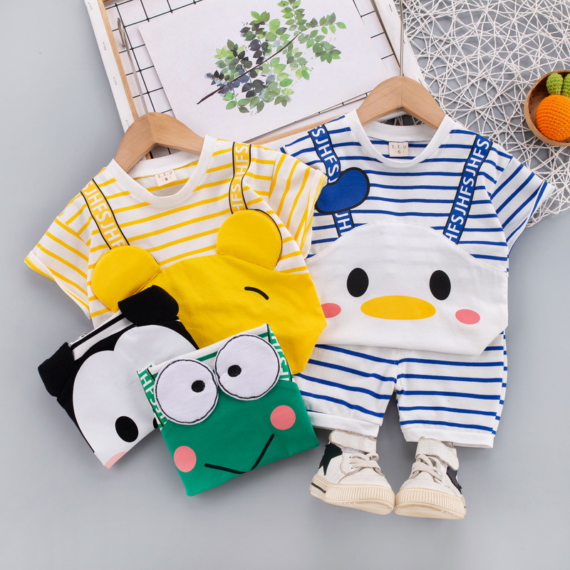 22 summer new children's clothing infant suit striped cartoon T-shirt short-sleeved cute two-piece oxygen Korean version