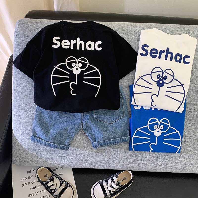 Summer thin two-piece suit new summer cartoon print Western style children's clothing boy summer short-sleeved suit