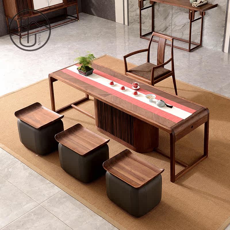 New Chinese style solid wood tea table and chairs Modern Kung Fu tea walnut simple tea room tea table Tea room tea space furniture