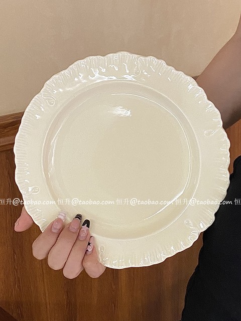 Korean ins Cream-Colored Ceramic Tableware Cake Dessert Plate Household High-Value Dinner Plate Fruit Salad Plate Salad Bowl