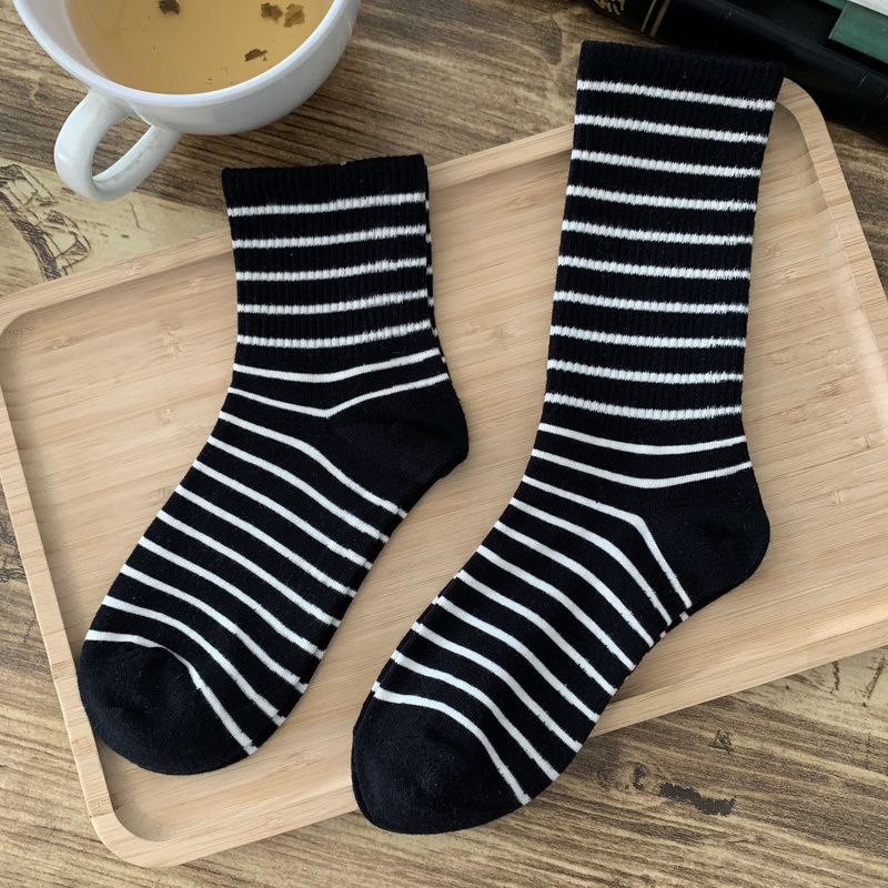 Classic Striped Korean Seamless Versatile Pure Cotton Socks, All-Season Thin Striped Mid-Calf Socks for Women